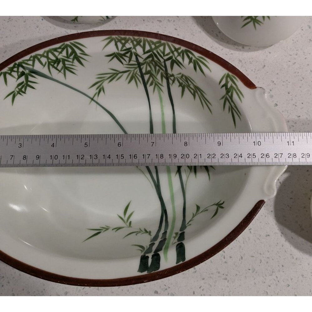 Vintage Japanese Hand-Painted Bamboo Design Oval Bowl two Handles 11 inch Length - Picture 2 of 12